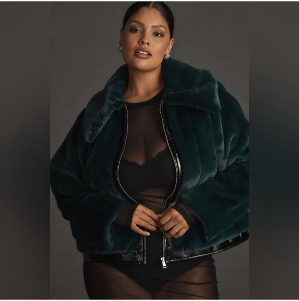 Anthropologie Maeve Jacket Womens 1X Green Faux Fur Bomber Full Zip Patent Fuzzy